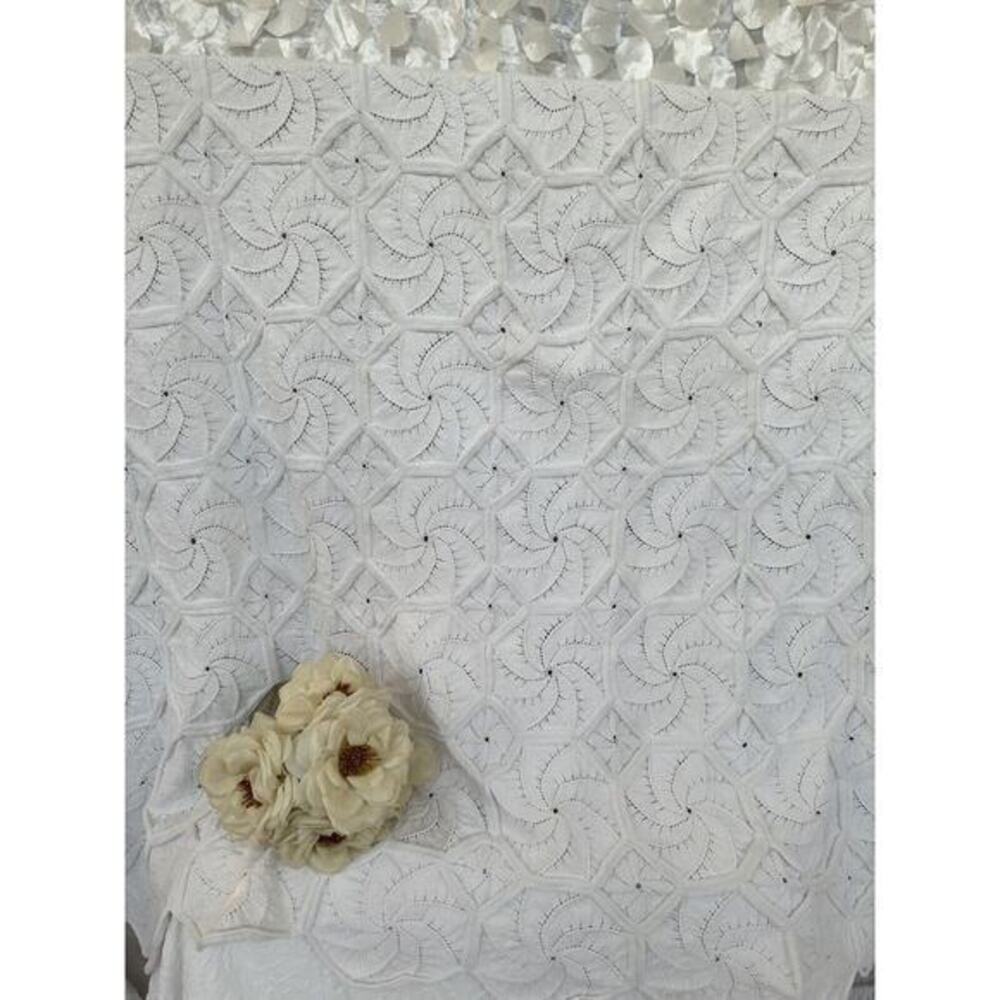 Handmade Knit Cream 100% COTTON blanket Coastal Textured Boho Pinwheel